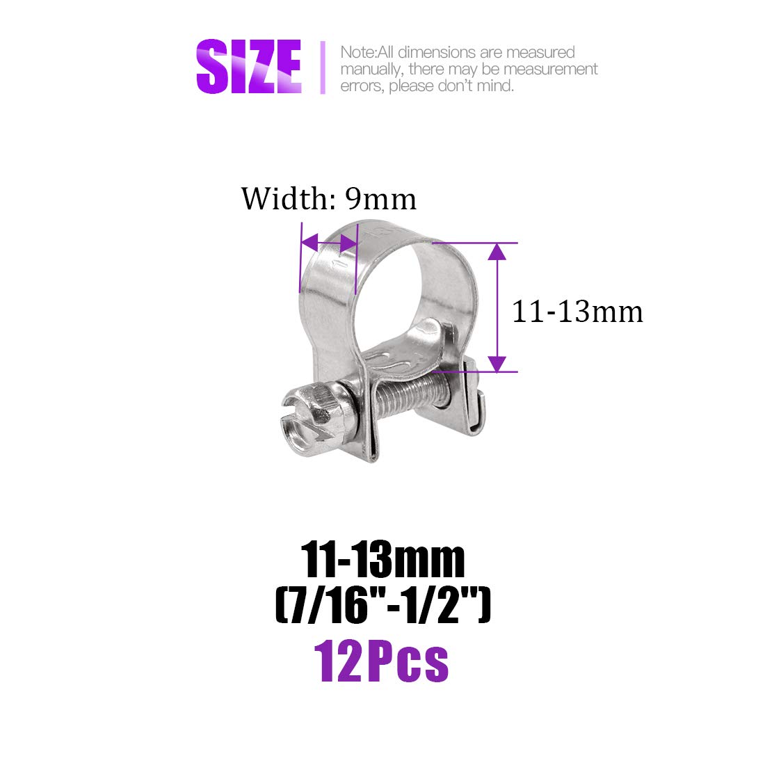 CULPEO 12-Pack 304 Stainless Steel Mini Hose Clamps – 11-13mm (7/16" – 1/2")