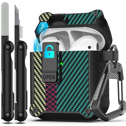 Image of RFUNGUANGO for Airpods 2nd and 1st Generation Protective Cases Automatic Pop-up with Safety Lock Clip, Full Body Shockproof Hard Case with Keychain (Cleaning Tool)-Carbon Fiber Green