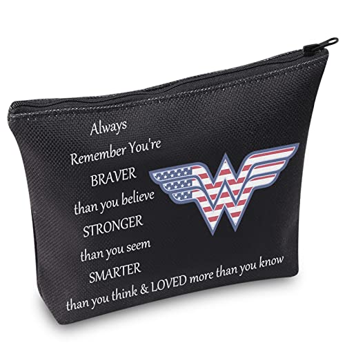 WZMPA Wonder Classic Logo Cosmetic Bag Wonder Heroine Inspired Gift You Are Braver Stronger Smarter Than You Think Makeup Zipper Pouch Bag For Friend Family (Always Wonder)