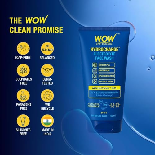 Image of WOW Skin Science Hydrocharge Electrolyte Face Wash with ElectroDew Tech | India's 1st Electrolyte Cleanser with Sodium, Magnesium, Hyaluronic Acid & Coconut Water | pH 5-6 | 150ml | Pack of 2