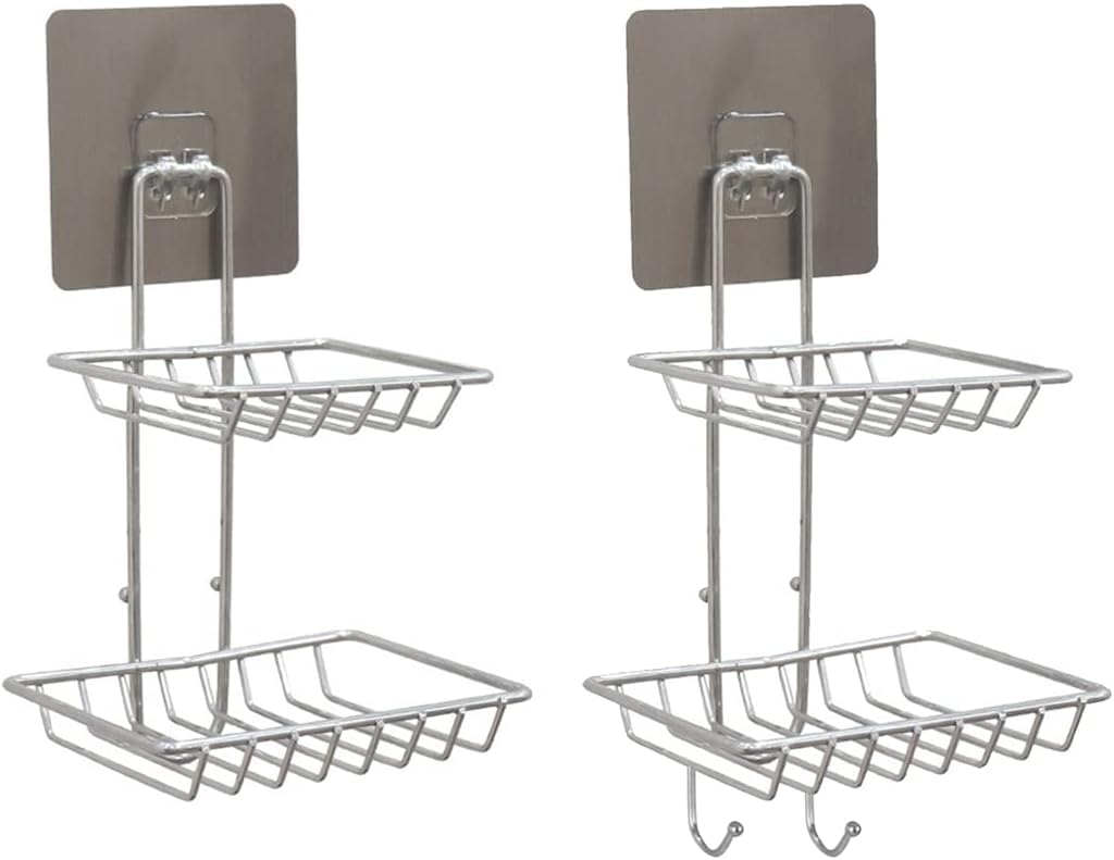 UCRAVO 2pcs Wall Mounted Double Layer soap Dish Holder Stainless Steel Punch-Free Wall Hanging Soap Storage Rack for Kitchen Bathroom-with Self Adhesive Magic Sticker