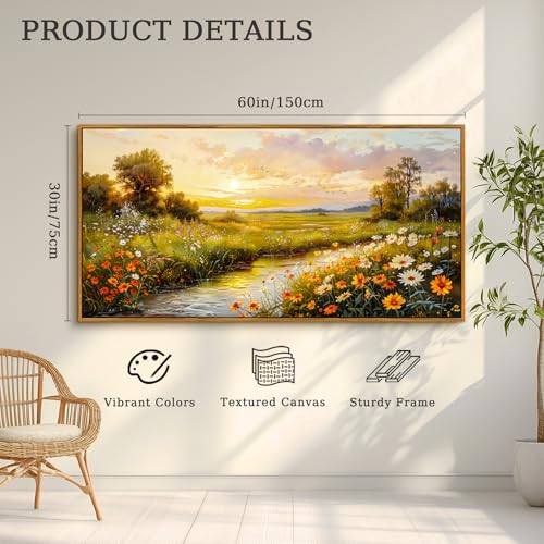 crmotu Framed Wall Art, Canvas Wall Art Landscape, Sunset Wall Decor, Daisy Flower Oversized Art Prints, Rustic Pastoral Pictures Wall Decor Living Room Bedroom Dining Room Cottage Farmhouse 30x60inch