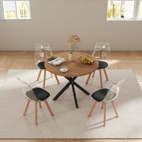 GrandCA HOME Table à Manger Ronde de 100 CM + 4 Chaises Rembourrées, Ensemble Table à Manger et Chaises (Foncé + Noir)