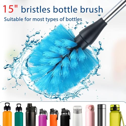 Image of Bottle Cleaner Brush Set, 3 Pcs Bottle Cleaning Brushes with 15 Inch Long Handle, Straw Brush & 3-in-1 Lid Cleaner for Water Bottles, Baby Bottles, Tumblers, Thermos, Flasks & Mugs