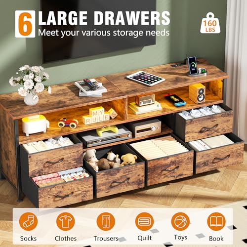 Image of Furologee LED TV Stand for Bedroom, 55 Inch Entertainment Center with Power Outlets and LED Lights for 55 60 inch TVs, Console Media Table with 6 Fabric Drawers, for Living Room, Rustic Brown