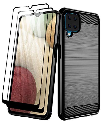 Aliruke Samsung A12 Case, Galaxy A12 Case with Tempered Glass Screen Protector, Slim Shockproof TPU Bumper Cover Flexible Protective Phone Cases Compatible for Samsung Galaxy A12, Black