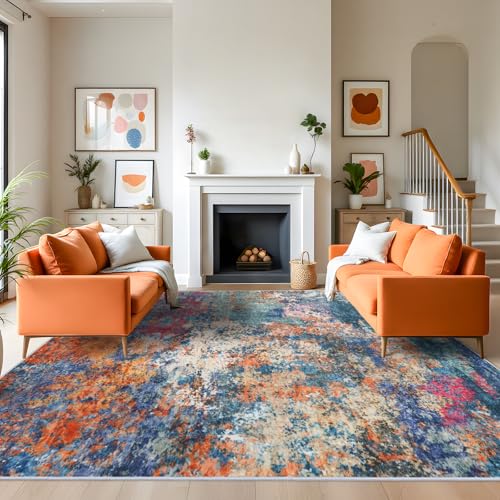 RUUGME Area Rug 9x12 Washable Rug - Soft Living Room Ultra-thin Rug Large Area Rug Indoor Farmhouse Stain Resistant Carpet for Bedroom Non-Slip Machine Washable Distressed Room Dec 9X12 Colorful/multi