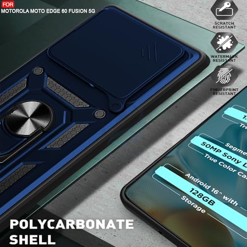 Image of AESTMO Tough Armor Moto Edge 60 Fusion 5G Bumper Back Case Cover | Ring Holder & Sliding Camera Shield Cover | 360 Degree Protection Back Case Cover for Moto Edge 60 Fusion 5G (Blue)