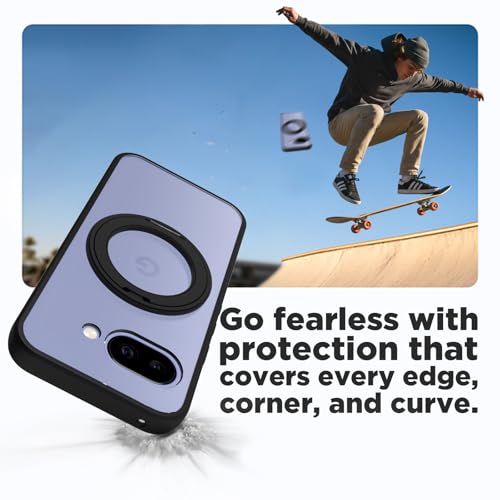 Image of RIGGEAR Shockproof Sleek Hybrid Armor 360 Rotating Magnetic Ring Stand Back Cover Case Compatible with MagSafe Accessories for Google Pixel 9A (Clear PC + Black TPU Bumper)
