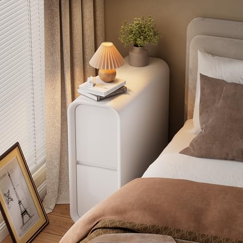 MSFE Mesita de Noche Estrecha, Mesita de Noche Estrecha con Superficie de Cuero,20cm Mesa Auxiliar Blanca con 2 Cajones, Mesitas Dormitorio,Sin Instalació, para Dormitorio,Salón