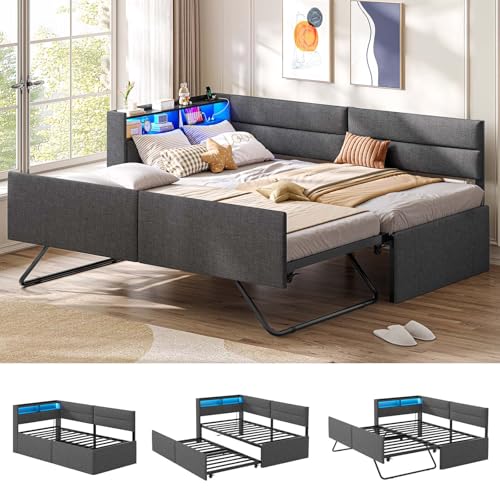 AOGLLATI Ausziehbares Schlafsofa 90/180×200 cm, Tagesbett mit LED-Beleuchtung und Ladestation, Polsterbett mit Ausziehbares Rollbett & Stauraum Kopfteil, Einzelbett, Leinen, Dunkelgrau (ohne Matratze)