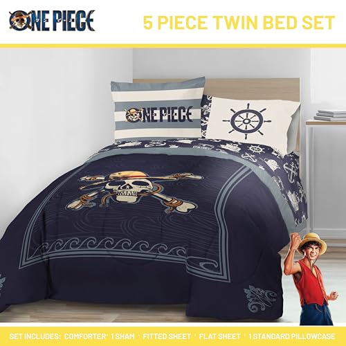 Image of One Piece Luffy Twin Comforter Set 5 Piece Soft Anime Bedding, Blue | Bed in a Bag, Comforter Sheets Sham Pillowcase, Official Product, Soft Microfiber, Machine Washable, Kids Gift