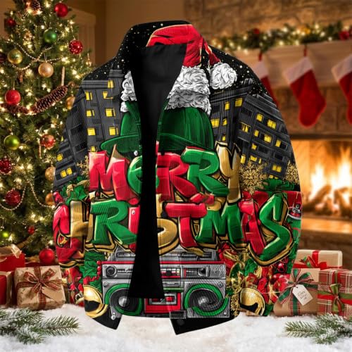 Corduroy Jacket Men Christmas Print Streetwear Turn Down Collar Retro Coat - image 3