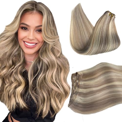 Weft Hair Extensions Human Hair, Brown Colored Sew in Hair Extensions Brown Highlights Blonde Weft Extensions Real Human Hair Platinum Blonde Sew in Hair Bundles 100g 16inch