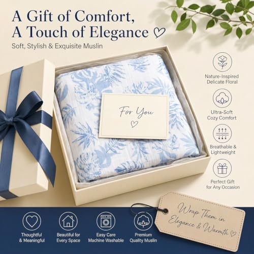 Muslin Blankets for Adults Reversible Throw Fleece & Gauze, Soft Cozy Lightweight Breathable Blue Floral Blanket for Bed Couch, Double Layer Muslin Throw Cover 50"x70" - image 7
