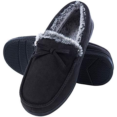 DL Hausschuhe Herren Plüsch Mokassins Slippers mit Rückstellschaum Winter Wärme Pantoffeln für Männer Kunstfell Gefütterte Geschlossen Zehen Rutschfest Gummisohle Puschen Schlappen Latschen Cover