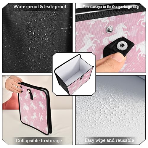Image of Car Trash Can Organizer Bin with Adjustable Strap for Back Front Seat Console Waterproof Leakproof Collapsible Portable 8.66 Inch Pink Unicorns Silhouette and Stars