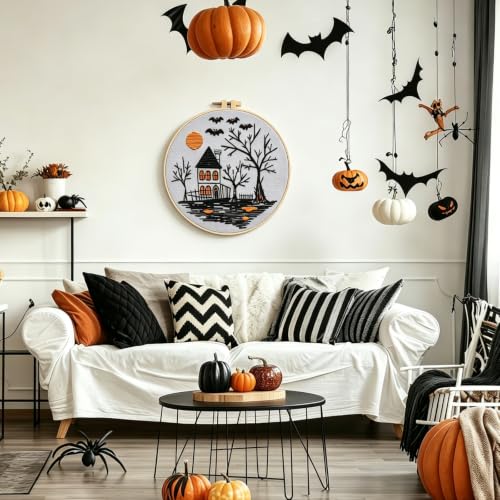 Image of Halloween Embroidery Kits for Beginners, DIY Embroidery Kits for Adults | Halloween Cross Stitch Kit for Beginners, Haunted House Pattern, Cotton Threads, Needles, Instruction, 20 cm Hoop