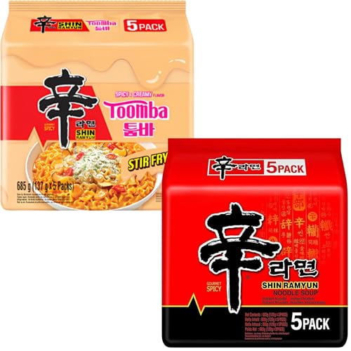 Nong shim Shin Ramyun Korean Noodles Variety Pack of 2 Flavours (10 Packs Total) Super Spicy & Toomba Creamy Stir-Fry Ramen Instant Korean Ramen Noodle Multipack for Quick Meals & Snacks