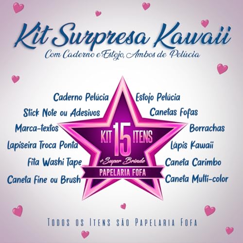 Caixa Surpresa Papelaria Kawaii Criativa Kit 15 Itens com Caderno Pelúcia + Caixa Presente Temática