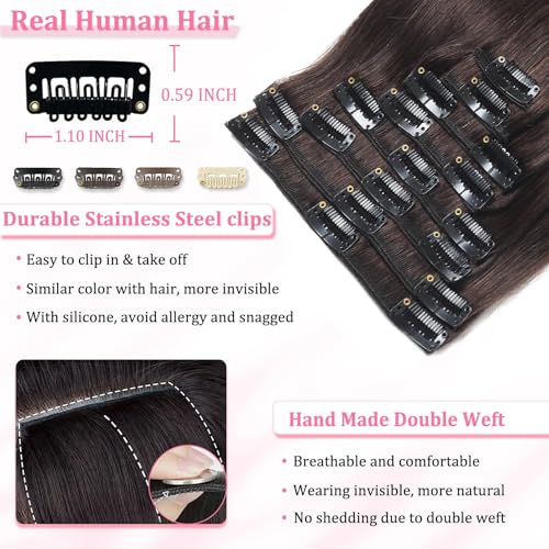 Image of Clip in Hair Extensions Real Human Hair Dark Brown Hair Extensions Clip Ins | Seamless, Balayage, 100% Human Hair Extensions Clip ins, Clip on Hair Extensions, Invisible Straight Double Weft 22 inch 110g