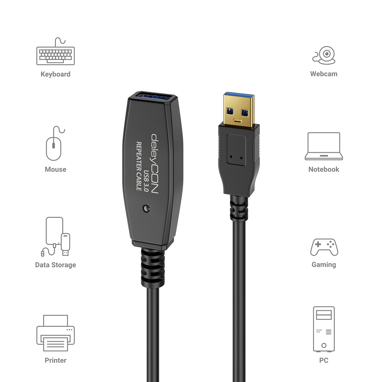 deleyCON 10m Cavo Attivo USB 3.0 Prolunga Attiva con 2 Amplificatore di Segnale USB3.0 Ripetitore Cavo di Prolunga USB3.0 PC Stampante Scanner per Computer Nero