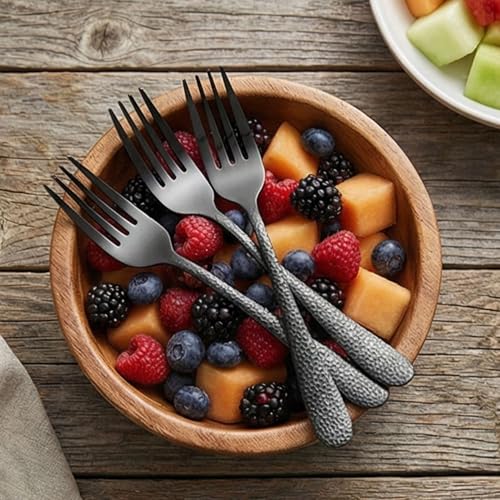 Image of 6.7 inch Charcoal Black Hammered Salad Forks | Set of 5 Durable Stainless Steel Fruit Forks | Mirror Polished Silverware for Home, Restaurants, and Gift Giving
