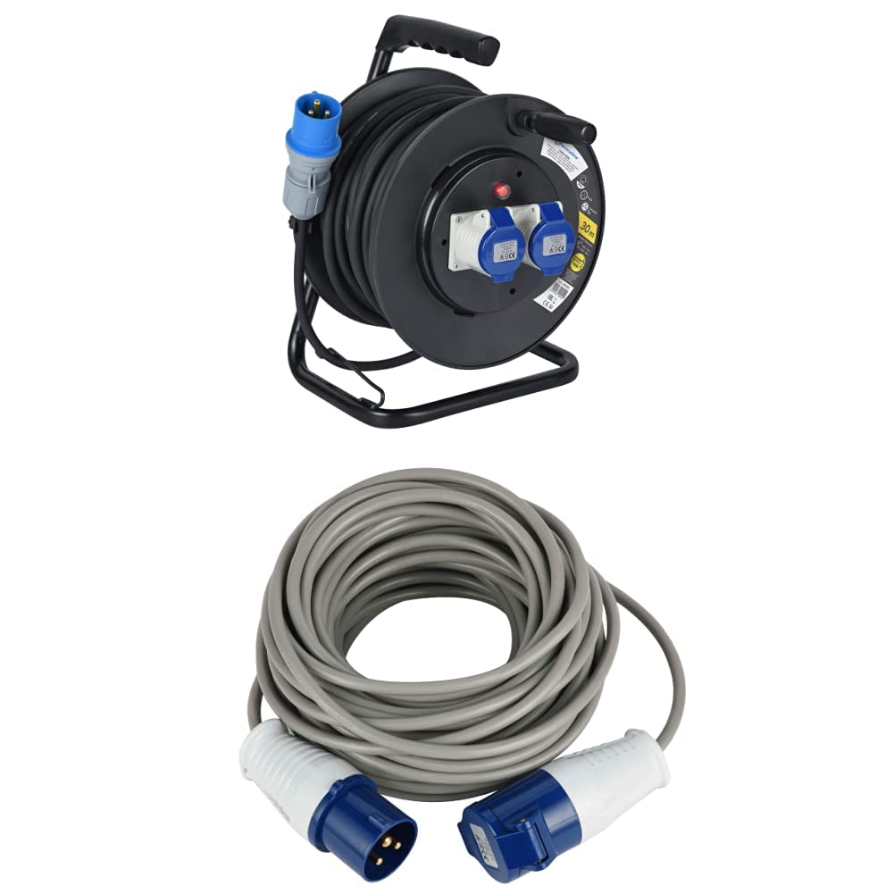 Electraline Prolunga in Gomma con Avvolgicavo 30 m, 2 Prese Industriali IEC & 46147 Prolunga 10 mt Presa Industriale IEC Spina a 3 Poli, Nero/Blu e Grigio