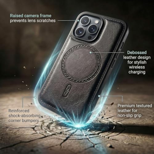 Image of amazon basics Premium PU Leather Case for iPhone 14 Pro, MagSafe Compatible Magnetic Ring, Sleek Protective Back Cover - [Black]