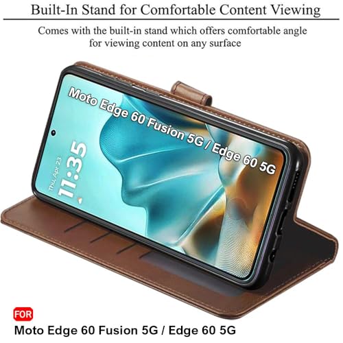 Image of TheGiftKart Flip Cover Back Case for Motorola Moto Edge 60 Fusion 5G / Moto Edge 60 5G | Genuine Leather Finish | Designer Button | Inbuilt Pockets & Stand | Flip Back Cover Case (Faux Leather, Brown)