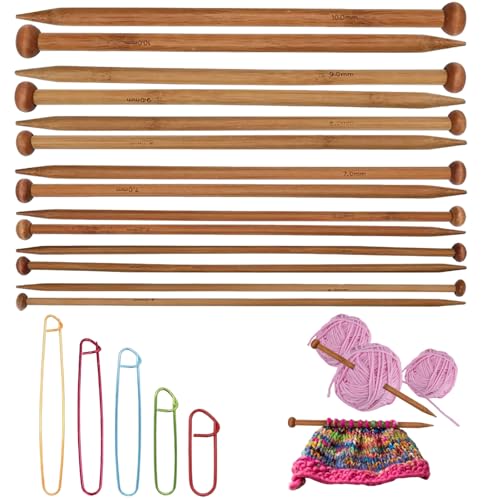 19 Pcs Bamboo Knitting Needles Set with Multiple Sizes, Natural Wooden Needles for Beginners and Experts, Complete Knitting Needle Set for Sweaters and Scarves