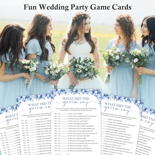 Image of What Did The Groom Say Bridal Shower Games, 25 Blue Floral Wedding Shower Game Cards Set, Engagement Party Game for Guests, Wedding Games for Reception, Minimalist Marriage Party Supplies-02