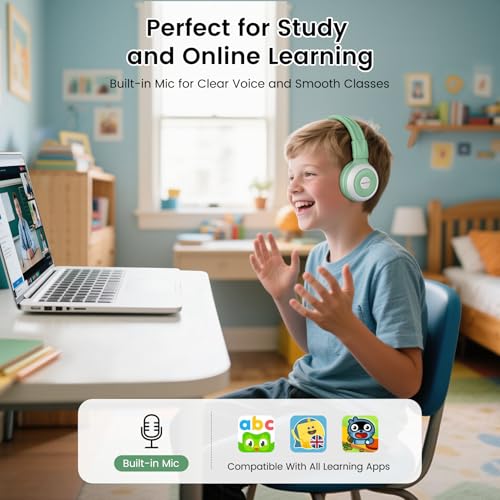 Image of SIMOLIO Manyshare Kids Bluetooth Headphones w /Case & Mic for School, Green | Share Audio with 100+ SIMOLIO Auracast-enabled Headphones for Group Listening. Ideal for Kids, School, Travel and Tablets