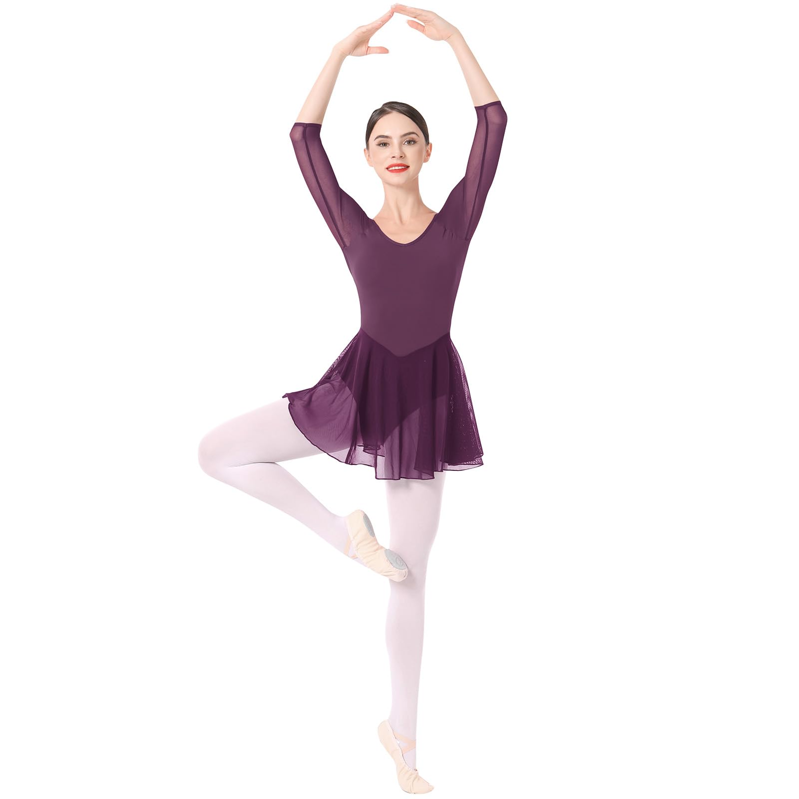 IBAKOM Justaucorps de ballet pour femme - Manches 3/4 en maille - Col en V - Dos dégagé - Justaucorps de gymnastique grande taille