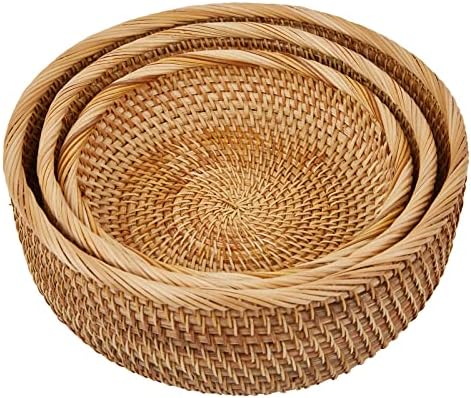 Natural Rattan Round Fruit Basket Bowls, Hand Woven Decor Serving Baskets, Wicker Storage for Dinning Room (Round-Combo)