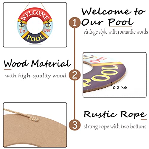Welcome to Our Pool Sign Swimming Pool Decoration Summer Sign(12"x 12"), Rustic Summer Pool Decor Wood Sign Plaque, Swimming Ring Shaped Summer Wooden Hanging Sign for Pool Outdoor Decor - Image 7