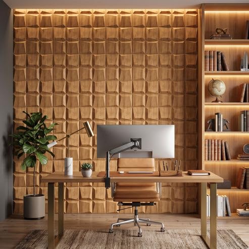 Image of Kayra Decor 3D PVC Wall Panels for Bedroom & Living Room | Cube Design | Beech Wood Color | 19.7 x 19.7 Inch | Pack of 40 | 107.6 Sq Ft