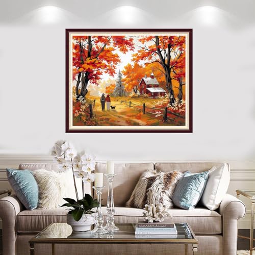 Image of Foxnyart Stamped Cross Stitch Kits Full Range of Embroidery Needlework Starter Kits for Beginners Adults 11CT Embroidery Patterns Art Crafts DIY Needlepoint Kit-Golden Homeland Late Autumn 16x20 inch