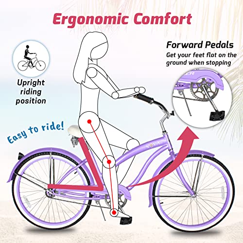 Bicicleta Tracer Nova Beach Cruiser para Mujer, ruedas de 26 pulgadas, marco de acero Hi-Ten, 1 velocidad, freno contrapedal, bicicleta híbrida para adultos, bicicletas cruiser completas, color púrpura miniatura 3
