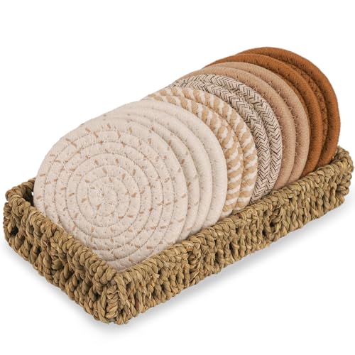 12 Pcs Drink Coasters with Seagrass Basket Holder Set, Handmade Boho Coasters for Drinks Absorbent, Minimalist Cotton Woven Coaster for Coffee Table Home Decor Tabletop Protection, Housewarming Gift