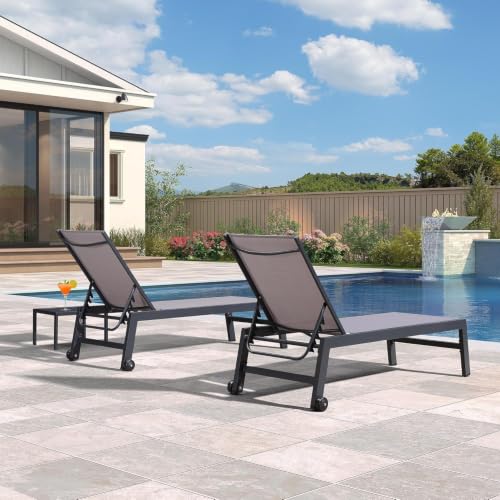 Image of PURPLE LEAF Pool Lounge Chairs Set of 2 with Wheels, Textilene Light Gray