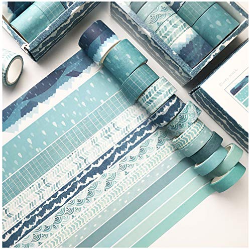 Washi Tape Set, 12 Rolls YuBoBo Blue Washi Masking Decorative Tapes Grid 9.8 Feet per Roll for DIY Decor Planners Scrapbooking Adhesive School/Party Supplies