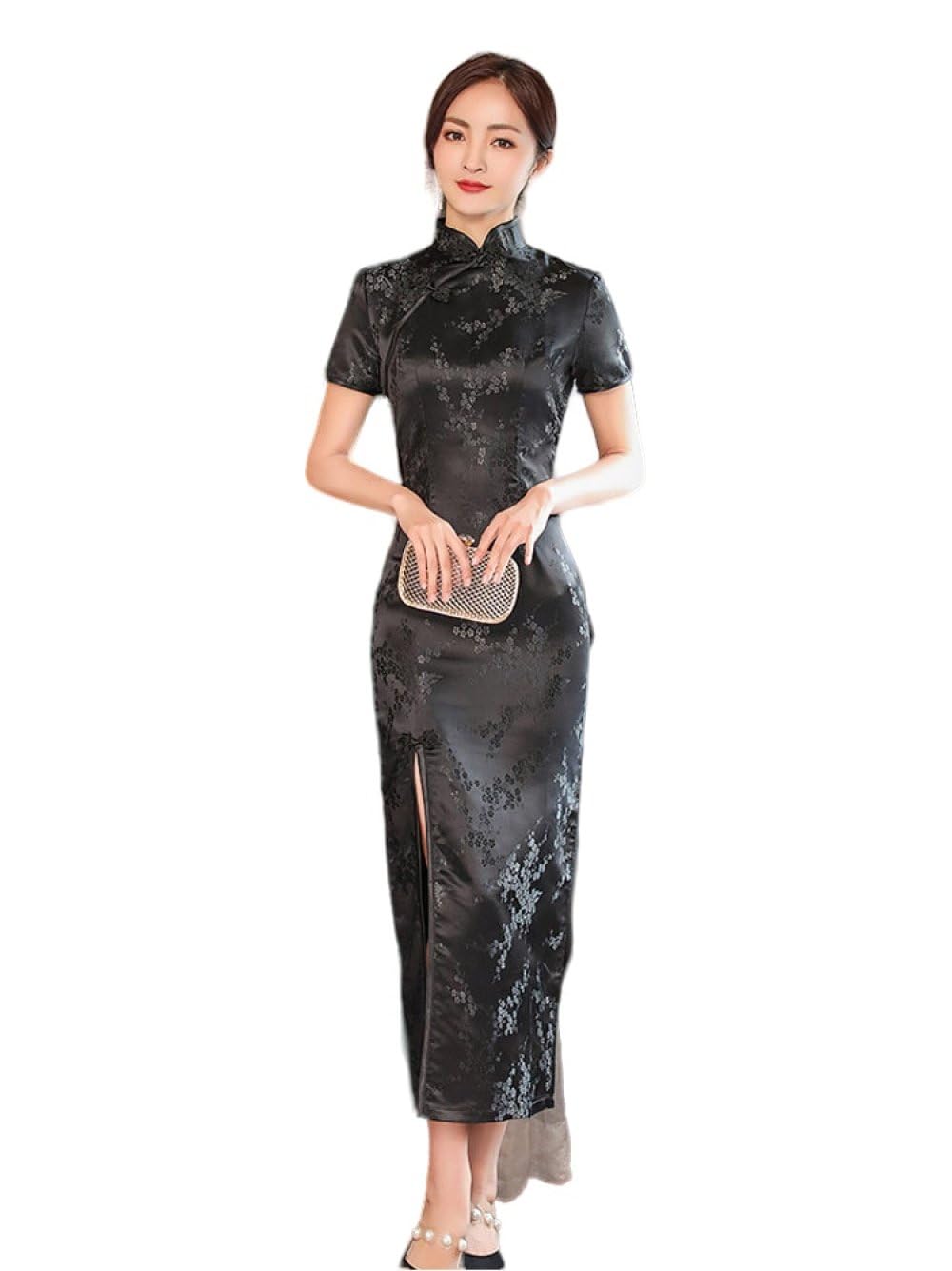 Vestido De Noche Cheongsam Qipao Chino De Manga Corta con Flor De Ciruelo para Mujer,Vestido Largo Sexy con Cuello Mandarín Tradicional Vintage Y Vestido Hanfu Ajustado