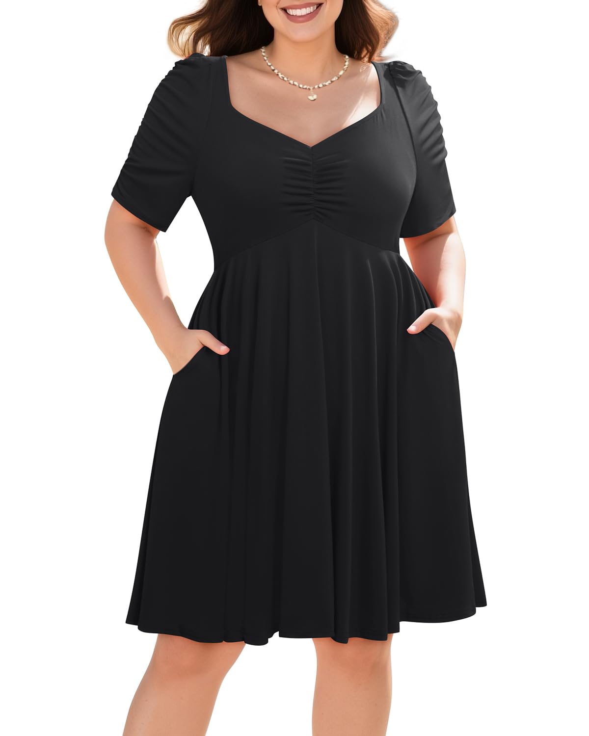 Pinup Fashion Women's Plus Size Summer Short Puff Sleeve Sweetheart A Line Graduation Flowy Dress with Pockets