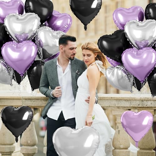 Image of Purple and Black Heart Balloons, 10 Pcs Light Purple Silver Heart Shape Foil Balloon 18 Inch Birthday Balloons for Girls Princess Theme Birthday Wedding Valentines Baby Shower Party Decoration