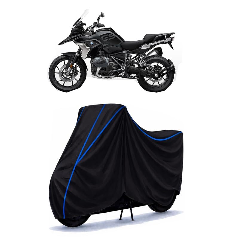 Image of R 1250 GS Bike Cover Water Resistant Universal Motorcycle Rain | Heavy Duty UV Protection, Dust, Scratch Indoor Outdoor All Weather with Black Blue Piping Elastic