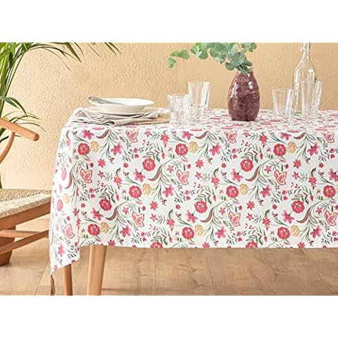 English Home Rectangular Tablecloth with Tassel Floral Print Washable Table Cloth Dining Table Cover for Kitchen Birthday Picnic Thanksgiving 150x220 cm, Pink Cover