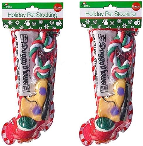 Christmas Stocking for Dogs. Pack of 2. Squeaky newspaper toy, squeaky boot toy, a red, green and white tennis ball and a red, white and green cotton knotted rope.