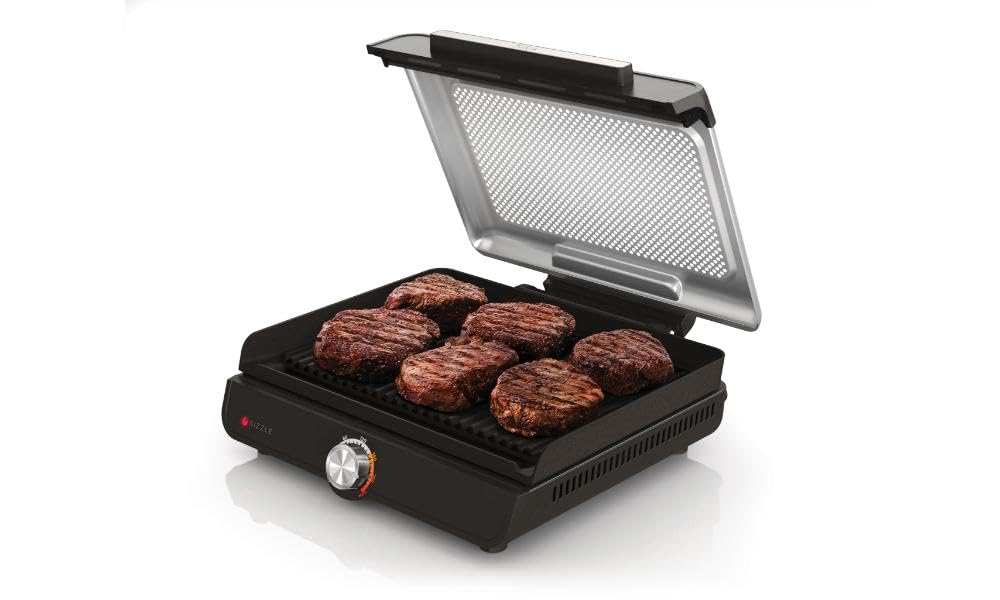 Ninja Sizzle Low Smoke Electric Indoor Grill & Flat Plate, 1460W, with Non-Stick Grill Plate & Flat Top Plate, Detachable Dishwasher Safe Lid, Grease Catch & Recipe Guide, Grey GR101UK