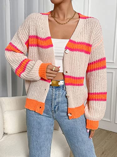 Image of WDIRARA Women's Color Block Striped Crochet Long Sleeve Cardigan Loose Open Front Button Knitted Sweaters